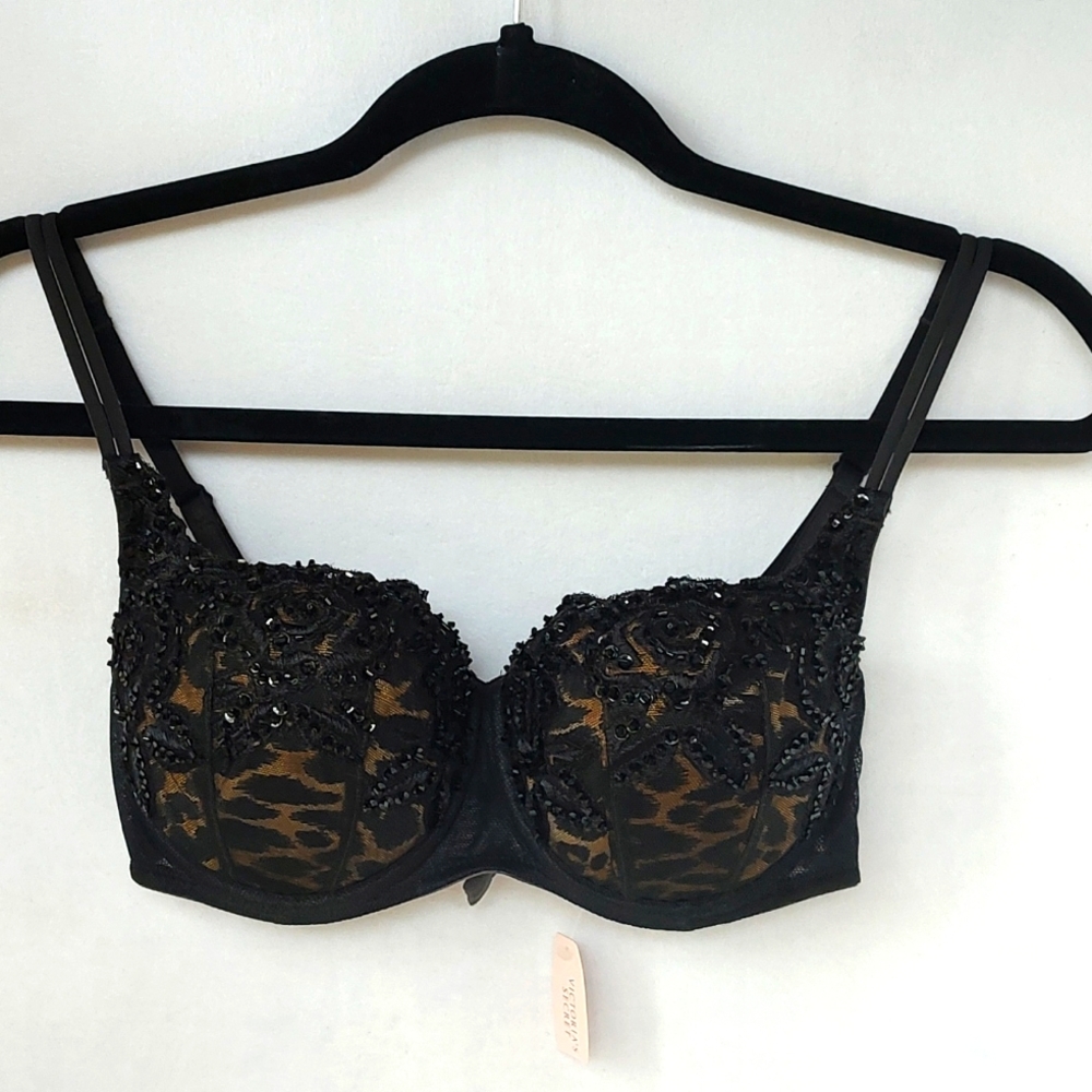 Victoria's Secret Leopard Print with Black Sequins Padded Mesh Bra new with tags